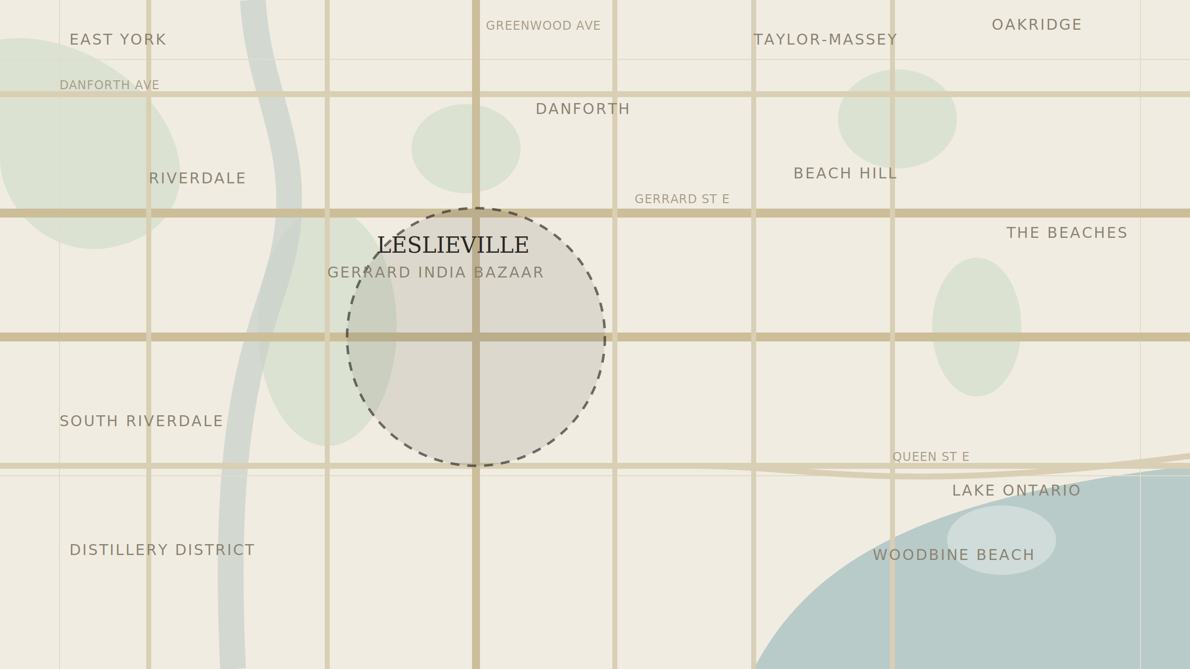 Illustrated map of Toronto's east end, centred near Greenwood and Gerrard